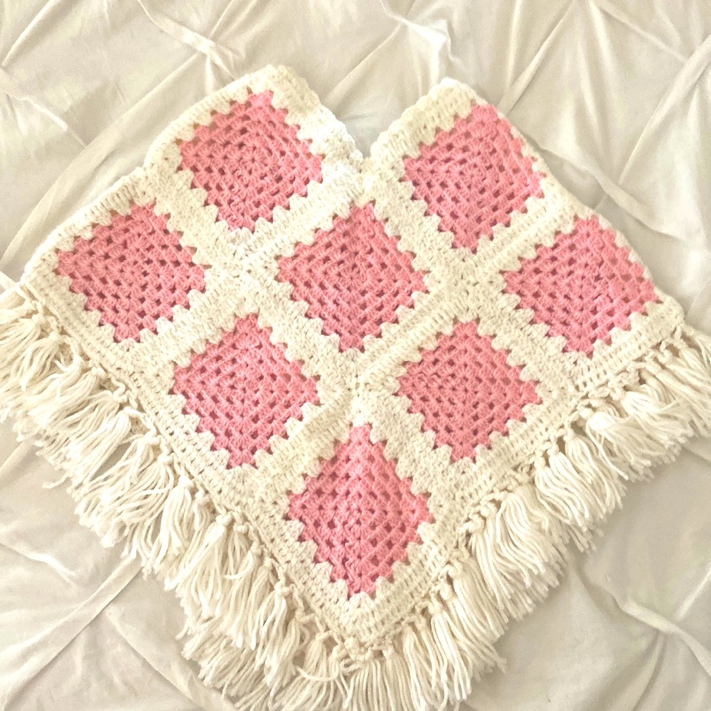 Handmade Crochet Pink and White Child Poncho
